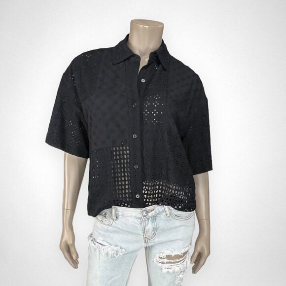 RAILS Yuri Shirt Black Eyelet Mix Button Down Black Top‎ XS Petite Summer - Picture 2 of 13